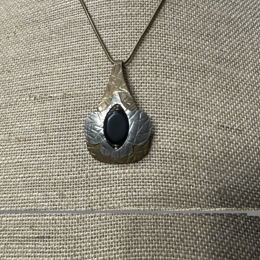 Marjorie Baer Brass And Silvertone Modernist Necklace With Reversible Stone